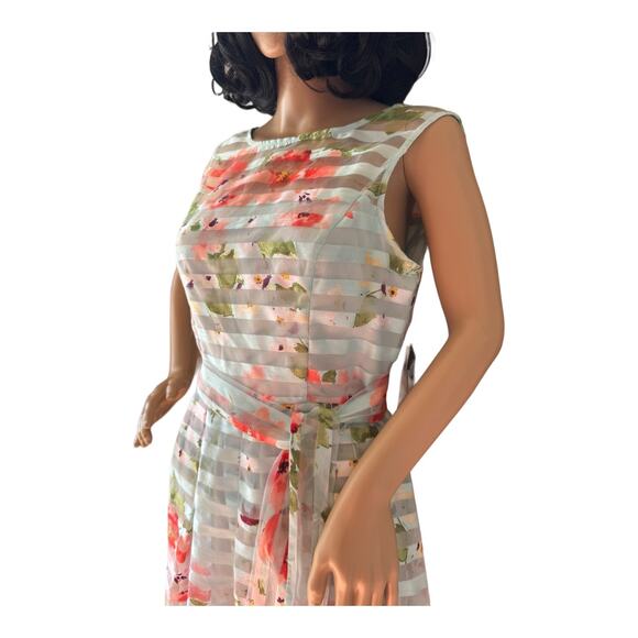 NWT Floral Striped Sheer sleeveless mint coral Sandra Darren dress size 8 - Picture 4 of 16